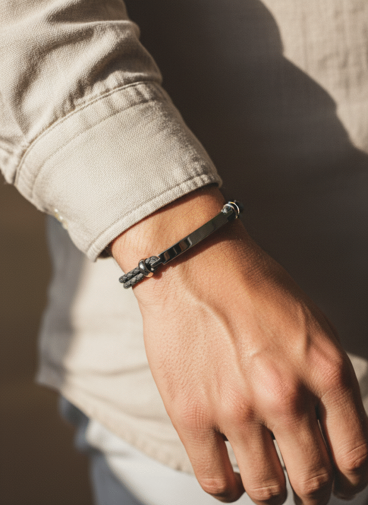 Handwriting Grey Leather Mens Bar Bracelet - Inscripture - Handwriting Jewellery - Memorial Jewellery