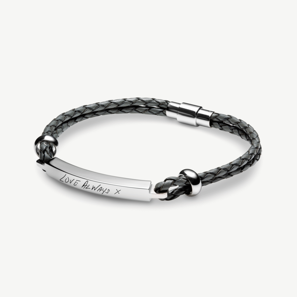 Handwriting Grey Leather Mens Bar Bracelet - Inscripture - Handwriting Jewellery - Memorial Jewellery