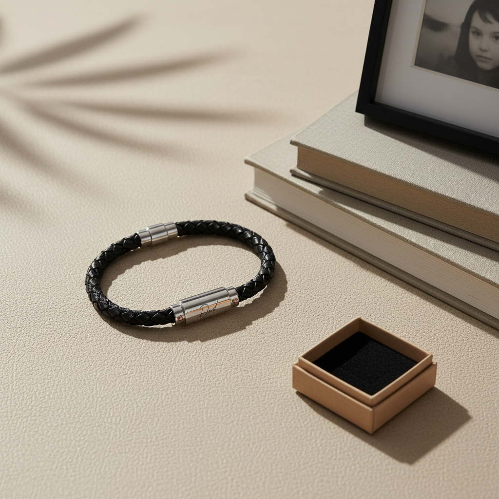 Black Leather ID Handwriting Bracelet โข Memorial Jewellery