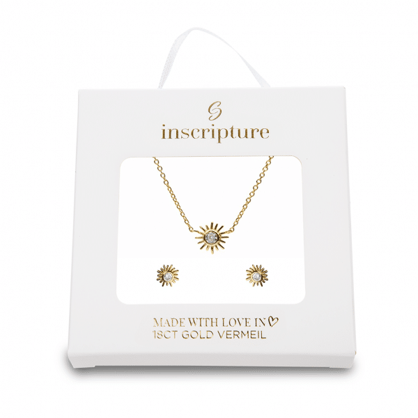 Gold Crystal Sun Necklace & Earring Set Inscripture