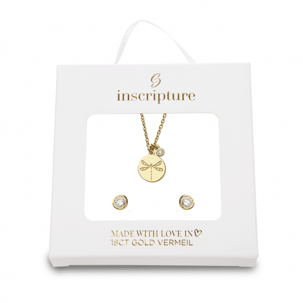 Gold Dragonfly Necklace & Earring Set Inscripture