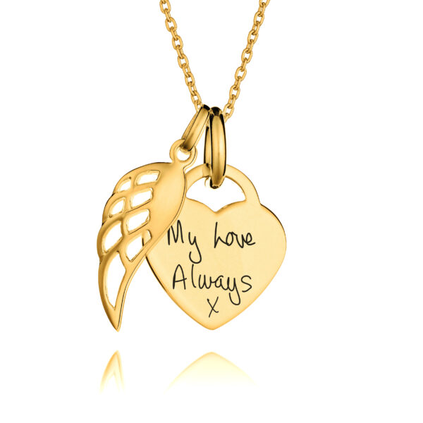 Gold Angel Wing Handwriting Necklace - Memorial Jewellery - Inscripture