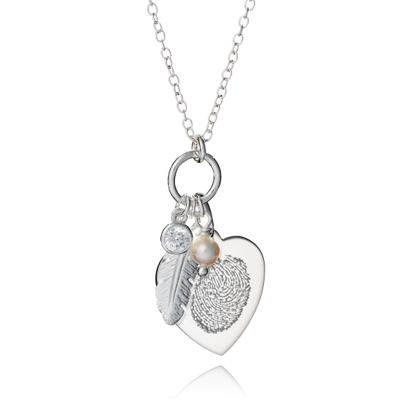 Feather, Pearl & Crystal Fingerprint Necklace - Fingerprint Jewellery - Inscripture