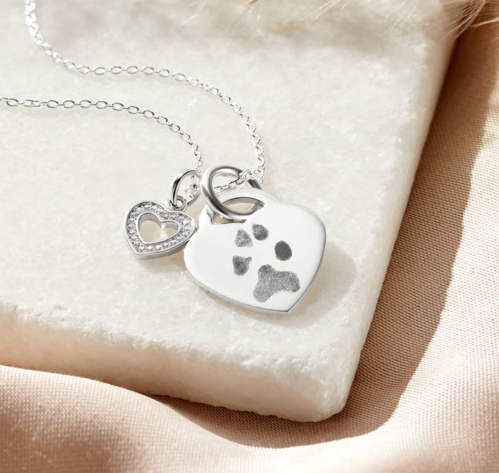 Sterling Silver Duo Heart Paw Print Necklace - Paw Print Jewellery - Inscripture - Memorial Jewellery