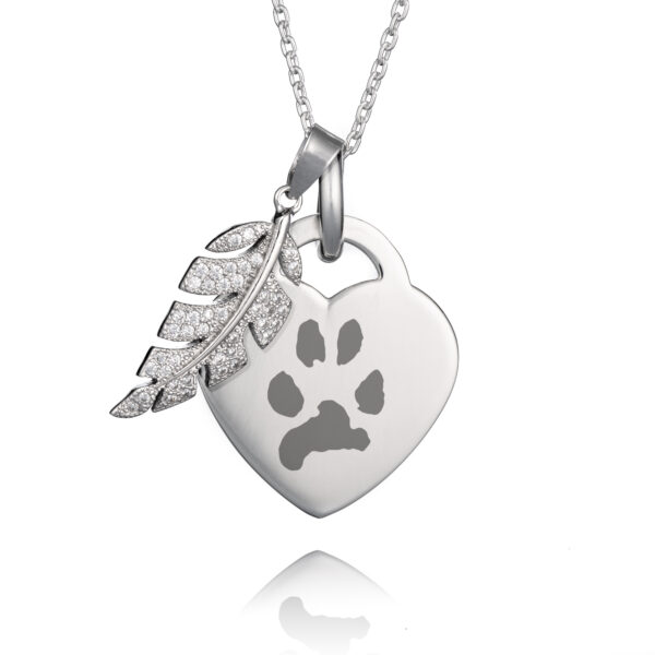 Silver Feather Paw Print Necklace - Paw Print Jewellery -Pet Memorial Jewellery