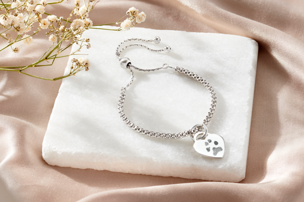 Sterling Silver Popcorn Paw Print Bracelet - Paw Print Jewellery - Memorial Jewellery - Inscripture