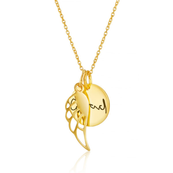 Gold Angel Wing Disc Handwriting Necklace - Handwriting Jewellery