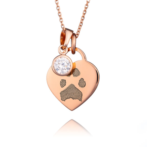 Rose Gold Birthstone Paw Print Necklace - Paw Print Jewellery - Pet Memorial Jewellery - Inscripture