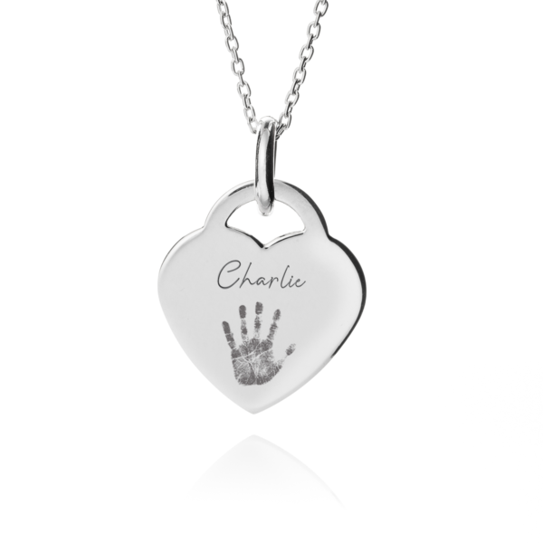 Silver Heart Handprint Footprint Necklace - Handprint or Footprint Jewellery - Memorial Jewellery - Inscripture
