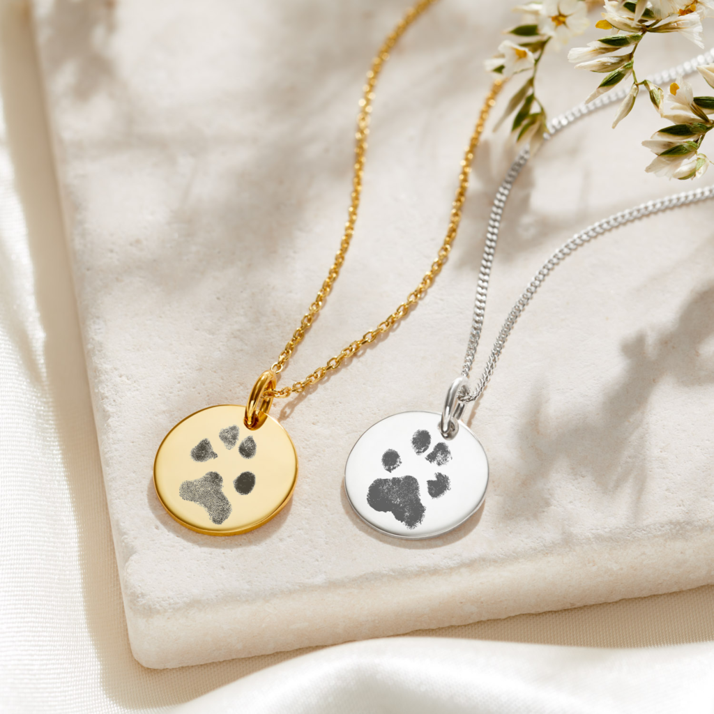 Sterling Silver Paw Print Disc Necklace Paw Print Jewellery - Memorial Jewellery - Inscripture
