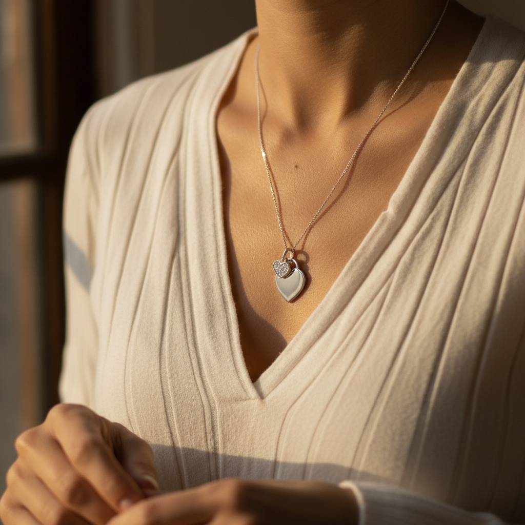 Silver Diamante Heart Photo Necklace - Photo Jewellery - Memorial Jewellery - Inscripture