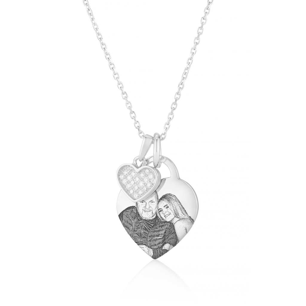 Silver Diamante Heart Photo Necklace - Photo Jewellery - Memorial Jewellery - Inscripture