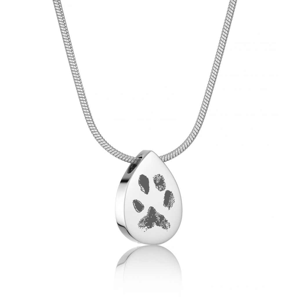 Silver Teardrop Urn Paw Print Necklace - Paw Print Jewellery - Memorial Jewellery - Inscripture