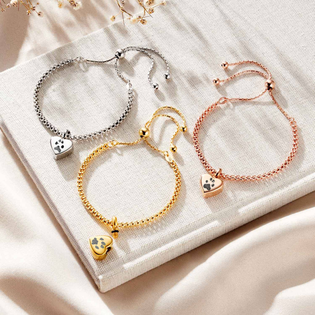Rose Gold Heart Ashes Paw Print Bracelet - Paw Print Jewellery - Inscripture - Memorial Jewellery