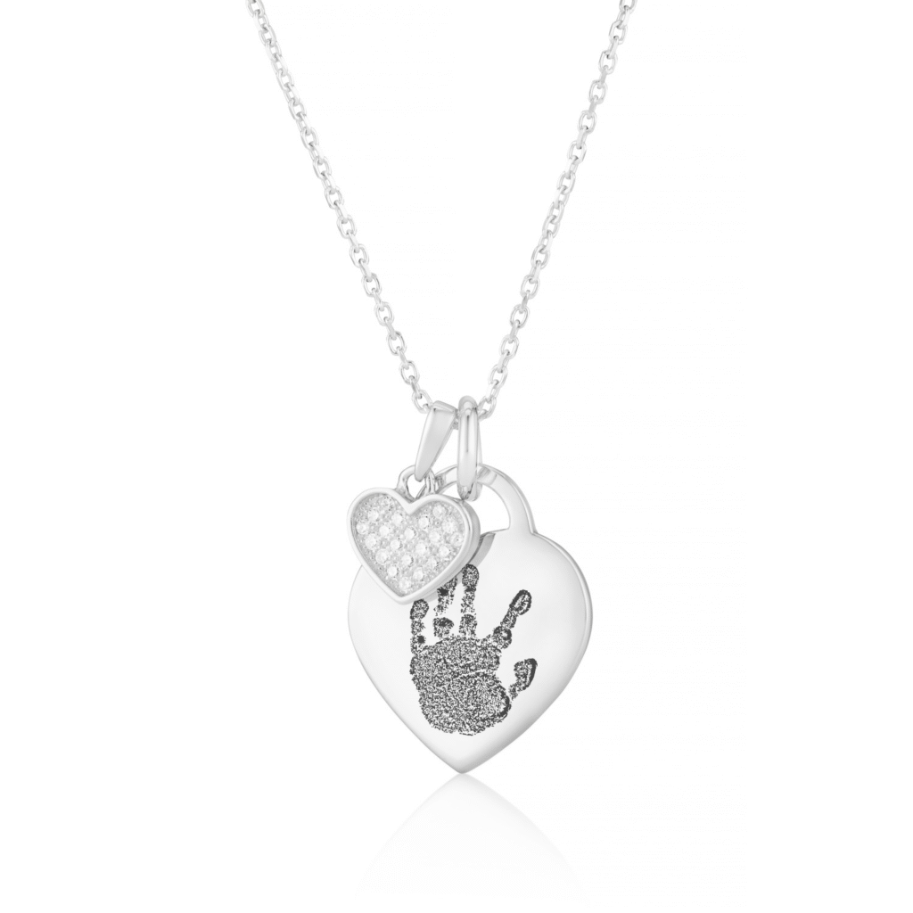 Silver Diamante Heart Handprint or Footprint Necklace - Handprint or Footprint Jewellery - Memorial Jewellery - Inscripture