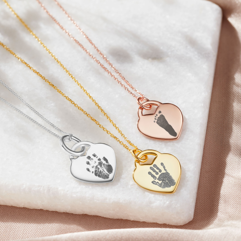 Gold Heart Handprint or Footprint Necklace Handprint or Footprint Jewellery - Memorial Jewellery - Inscripture