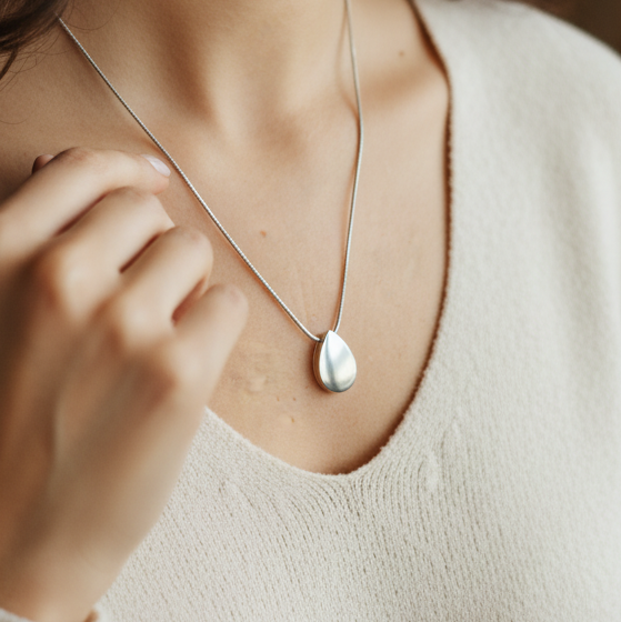 Silver Teardrop Photo Necklace - Memorial Jewellery - Photo Jewellery Inscripture